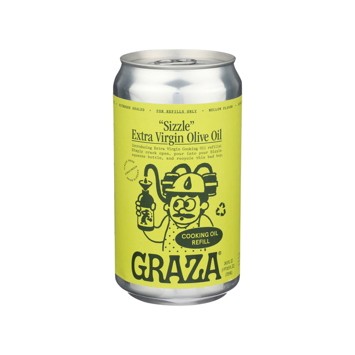 A silver can with a bright green label for Graza “Sizzle” Extra Virgin Olive Oil, featuring an illustration of a chef holding a bottle of olive oil and a frying pan, and bold black text describing the product.