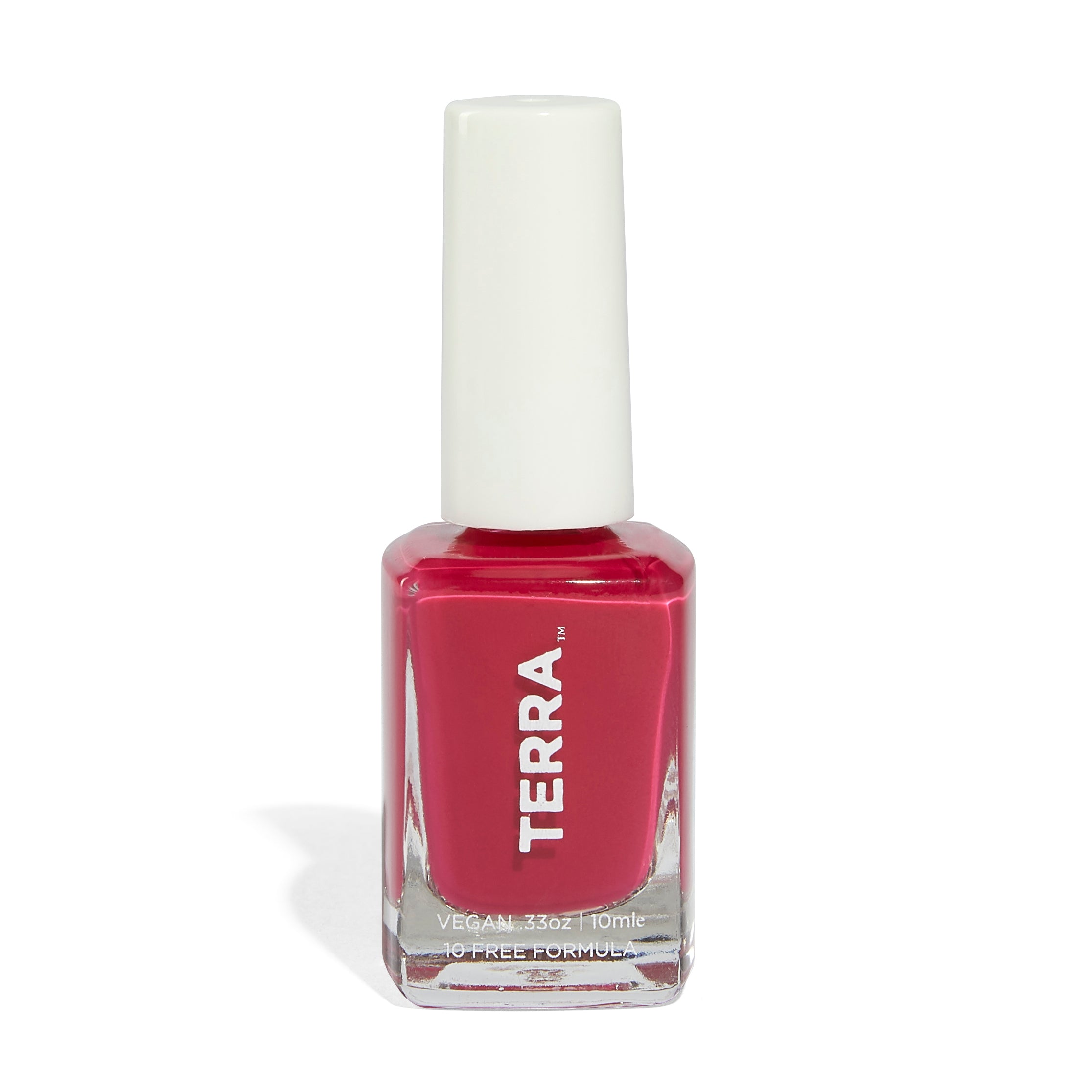 A bottle of Terra Beauty Bars nail polish has a white cap and contains deep pink, plant-based polish. The transparent design shows off its vibrant color, with a label stating VEGAN .33oz 10ml 10 FREE FORMULA, emphasizing cruelty-free ingredients.