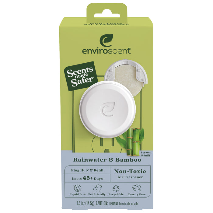 Front view of an Enviroscent Rainwater & Bamboo air freshener package featuring a white plug-in device and refill, labeled as non-toxic, pet friendly, recyclable, cruelty free, and lasting over 45 days.