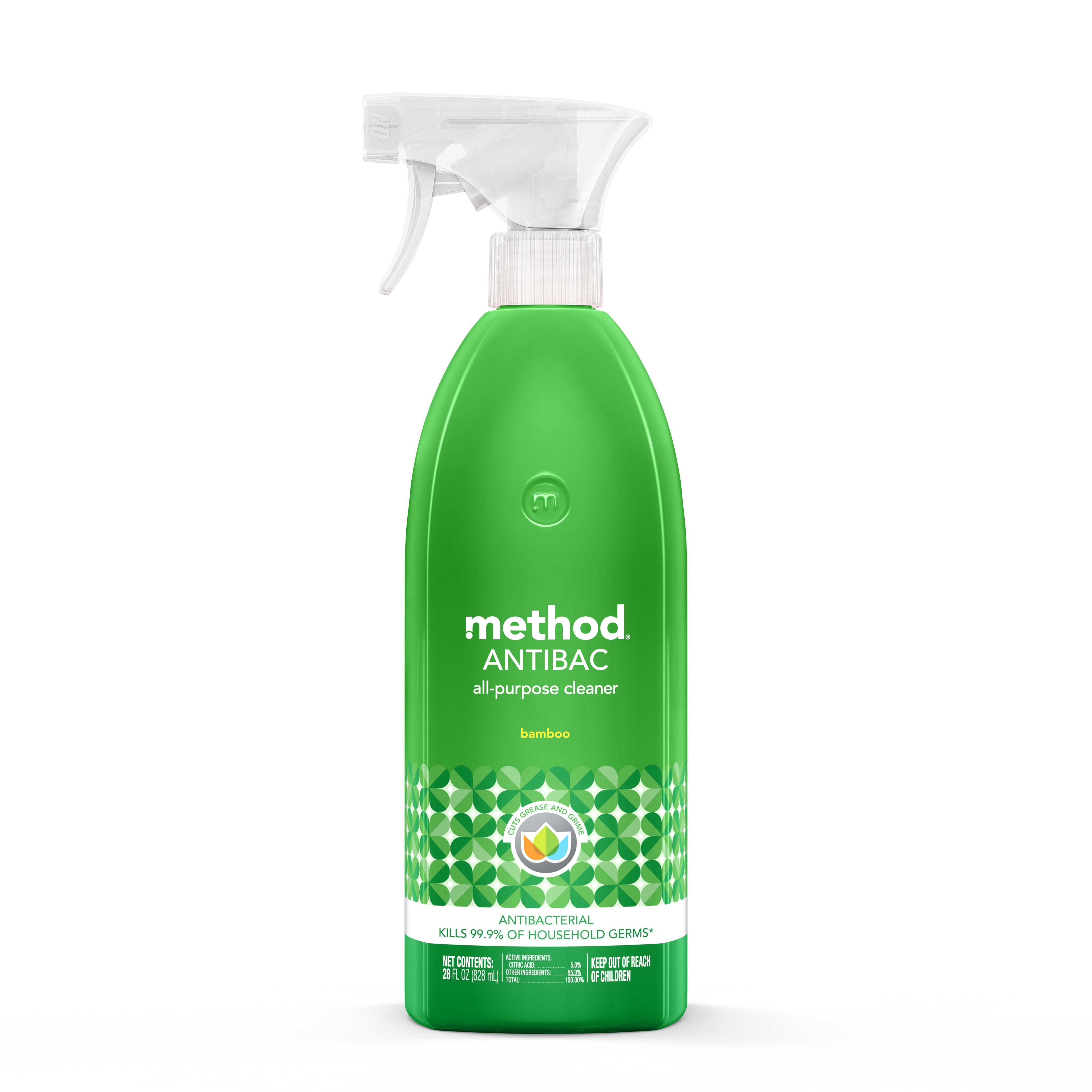 A green Method Antibacterial All-Purpose Cleaner spray bottle features a refreshing bamboo scent and geometric pattern label, highlighting its ability to kill 99.9% of household germs.