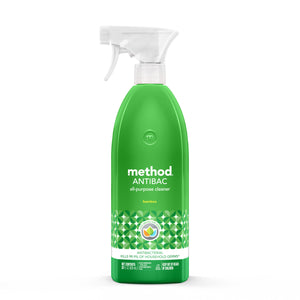 A green Method Antibacterial All-Purpose Cleaner spray bottle features a refreshing bamboo scent and geometric pattern label, highlighting its ability to kill 99.9% of household germs.