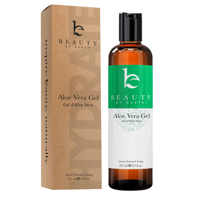 A bottle of Beauty by Earth Aloe Vera Gel stands next to its brown packaging box. The bottle has a black cap and green label, and both items display the product name and branding. The packaging highlights natural hydration.