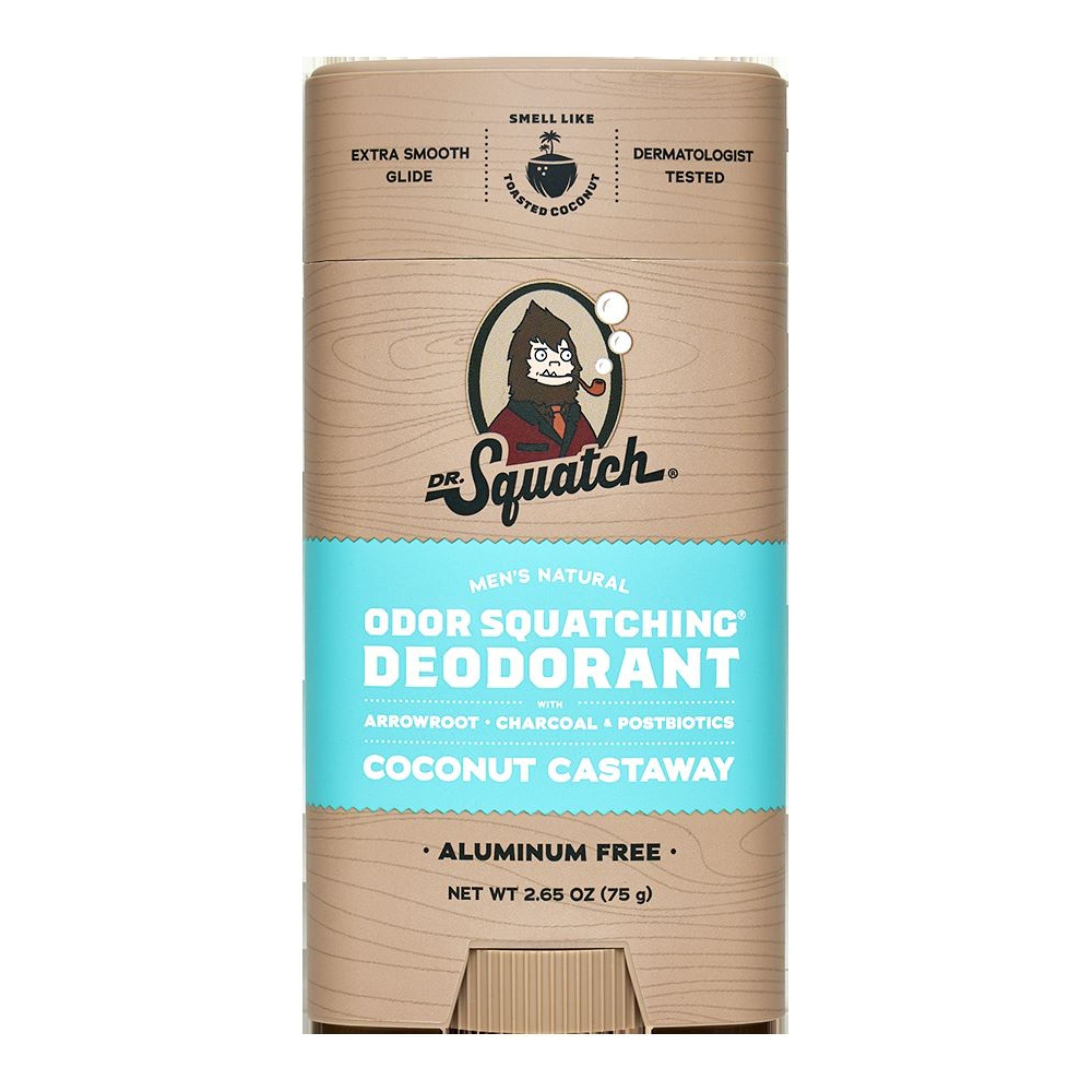 Dr. Squatchs Coconut Castaway deodorant offers odor-blocking protection with skin-nourishing moisturizers in a 2.65 oz (75 g) beige package featuring a cartoon character. Its aluminum-free and designed specifically for mens needs.