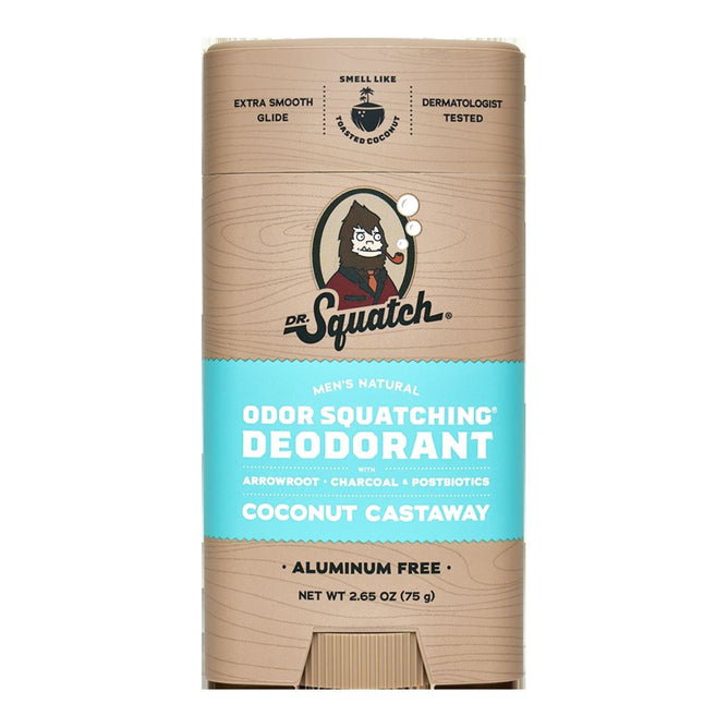 Front view of a Dr. Squatch Coconut Castaway deodorant stick. The brown and blue label features a cartoon man with a beard, product details, and highlights like “Aluminum Free” and “Odor Squatching Deodorant.”.