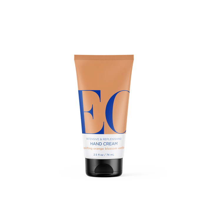 A tan tube of hand cream with large blue letters EC and text below reading Intensive & Replenishing Hand Cream, Uplifting Orange Blossom Vanilla, 2.5 fl oz / 74 mL on a white background.