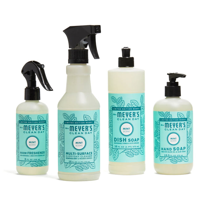 The In Full Bloom Cleaning Set from Grove Collaborative includes four mint-scented products: room freshener, multi-surface cleaner, dish soap, and hand soap. Each has light blue bottles with mint green labels and leafy designs—a favorite spring scent.