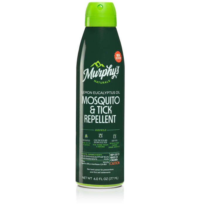 A green spray can of Murphys Naturals Lemon Eucalyptus Oil Mosquito & Tick Repellent, 6 fl oz, with a green cap and white text highlighting its natural ingredients and DEET-free formula.