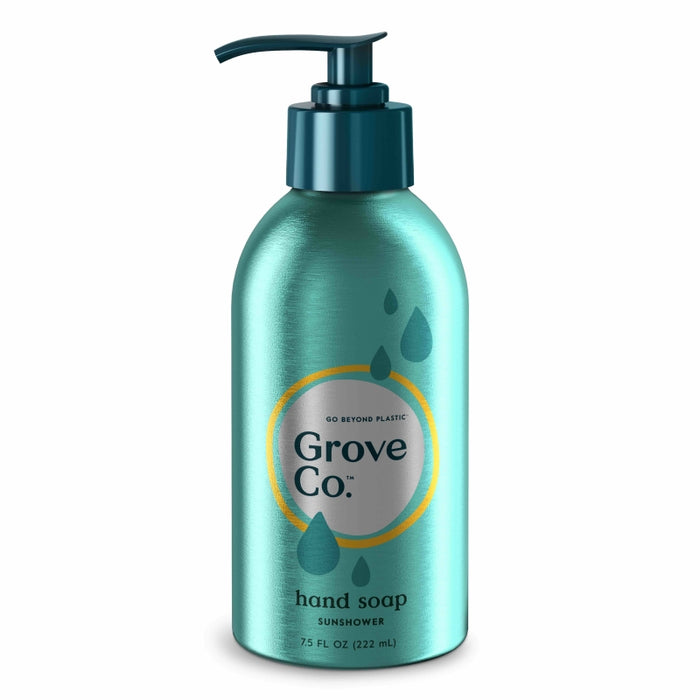 A teal pump bottle of Grove Co. Sunshower hand soap with a circular label, water drop illustrations, and text indicating it contains 7.5 fl oz (222 mL).