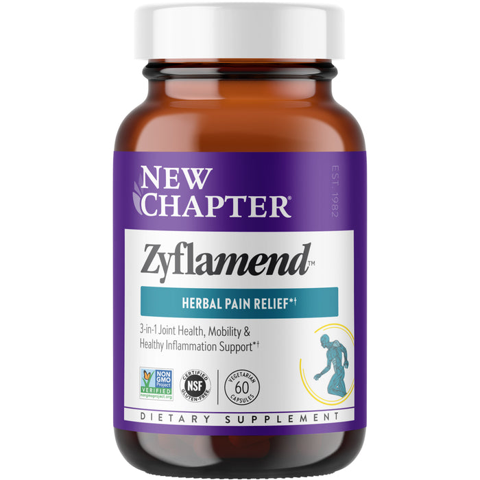 A brown bottle of New Chapter Zyflamend Herbal Pain Relief dietary supplement with a purple and white label, showing icons for non-GMO, NSF certified, and a graphic of a figure holding their knee.
