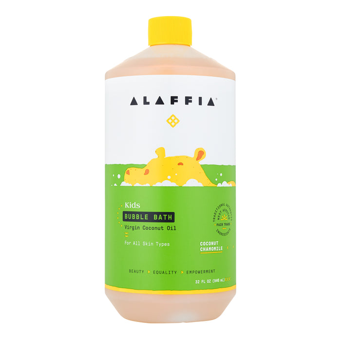 A bottle of Alaffia Kids Bubble Bath with virgin coconut oil, featuring a yellow hippo illustration in bubbles on a green label. The bottle has a yellow cap and is suitable for all skin types.