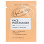A peach and white sachet labeled UpCircle Face Moisturiser with vitamin E + aloe vera. It mentions cocoa butter, glycerin, hydration, protection, natural, vegan, and upcycled. Size: 1.5ml (0.05 fl. oz).