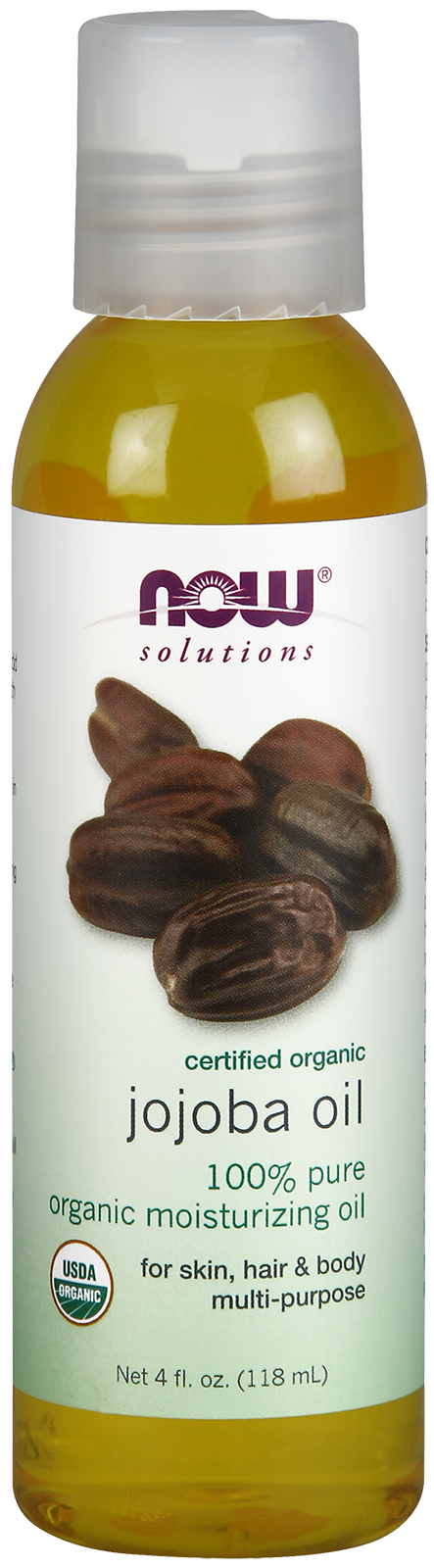 A bottle of Now Solutions certified organic jojoba oil with an image of jojoba seeds on the label. The text highlights it as 100% pure, organic moisturizing oil for skin, hair, and body, in a 4 fl. oz. (118 mL) size.