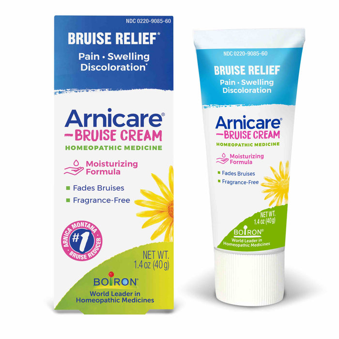 A box and a tube of Arnicare Bruise Cream by Boiron, labeled for pain, swelling, and discoloration relief. Packaging highlights moisturizing, fragrance-free formula, and a yellow flower image. Tube contains 1.4 oz (40g).