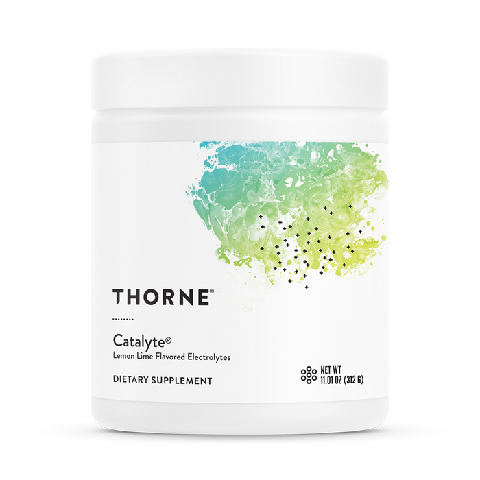 A white container of Thorne Catalyte Lemon Lime Flavored Electrolytes, featuring a green and blue abstract design on the label. The container holds 11.0 oz (312 g) of dietary supplement powder.